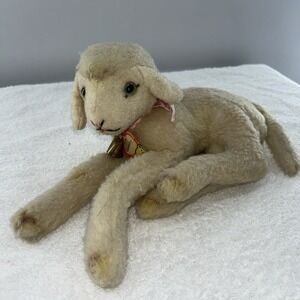 Vintage Steiff LAMBY 1966/67 Lying Lamb 11" Stuffed Animal Button‎ Bell 750 HTF